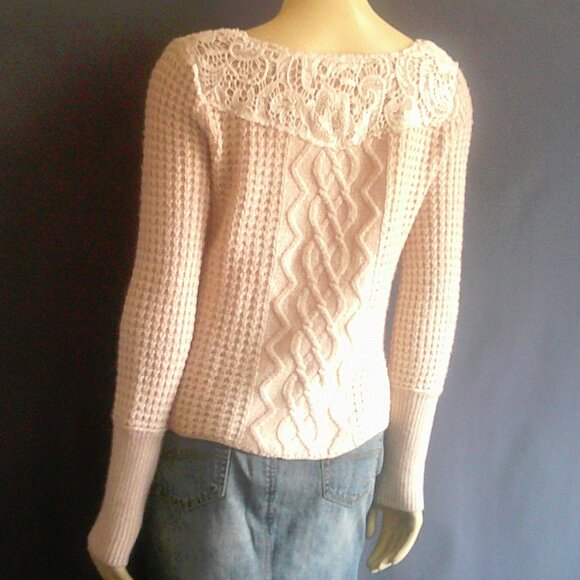 Free People Cream Lace Neckline Cabled Cropped Sweater M - Picture 8 of 11